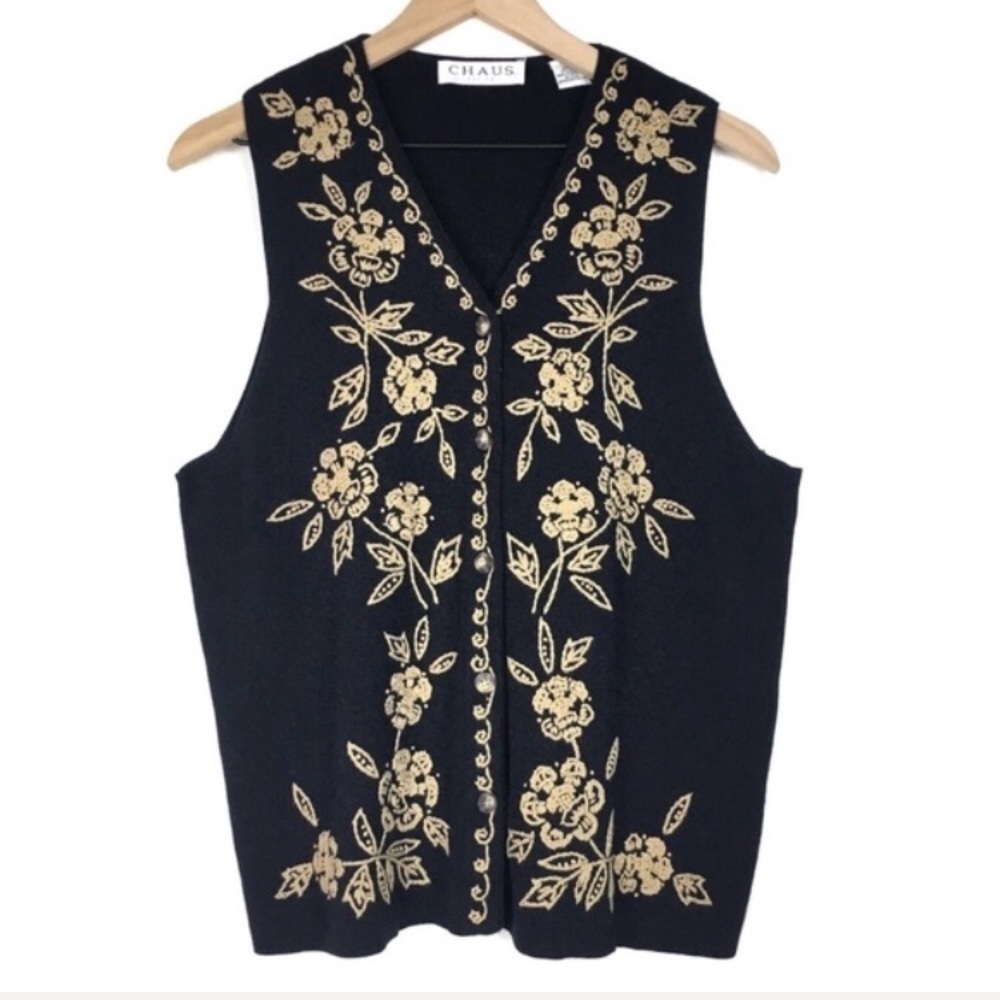 CHAUS Vest Silk Sweater Knit Embroidered Floral Dark Academia Petite Size Medium - Picture 6 of 6
